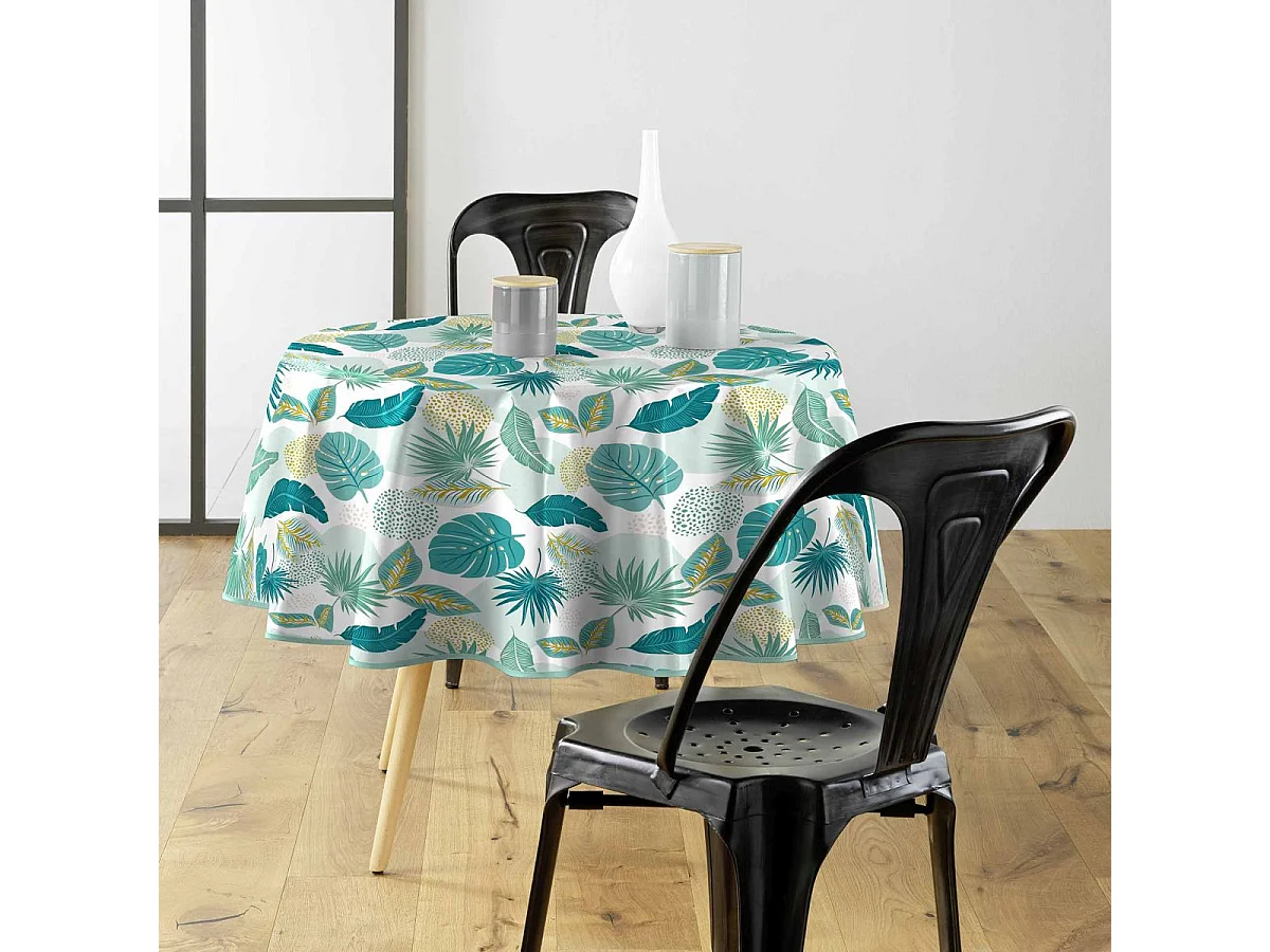 Nappe Toile Cirée Ronde Imprimé "Plantania" 160cm Bleu