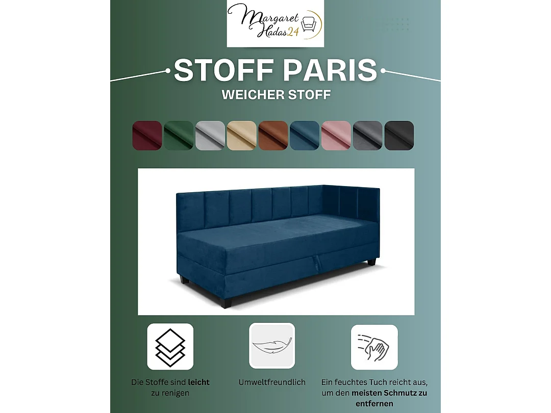 Jugendbett Einzelbett Eryk Boxspringbett mit Matratze Kinderbett Bettkasten 100 x 200 cm Rechts Paris 155 - dunkelblau