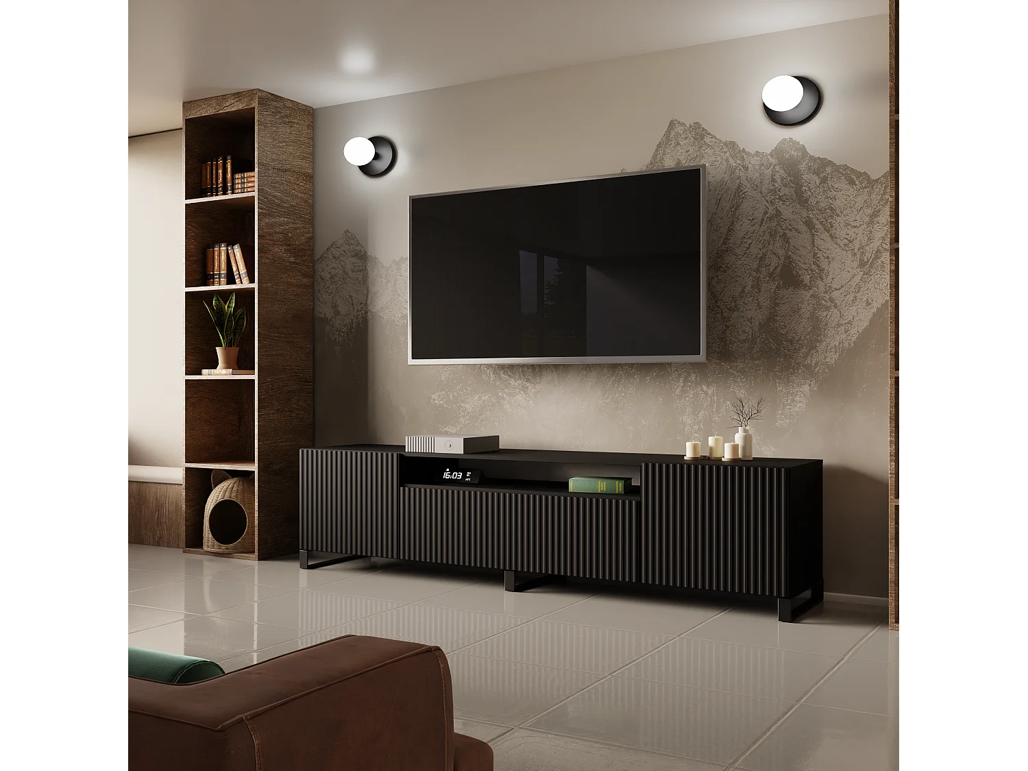 Meuble TV Neo III, meuble bas, meuble haut, salon, meuble TV, télévision, meuble TV, meuble TV bas, 200 cm, 3 portes, noir