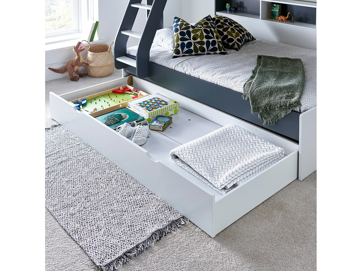 Oliver Grey and White Triple Sleeper Storage Bunk Bed Without Drawer With Spring Mattresses