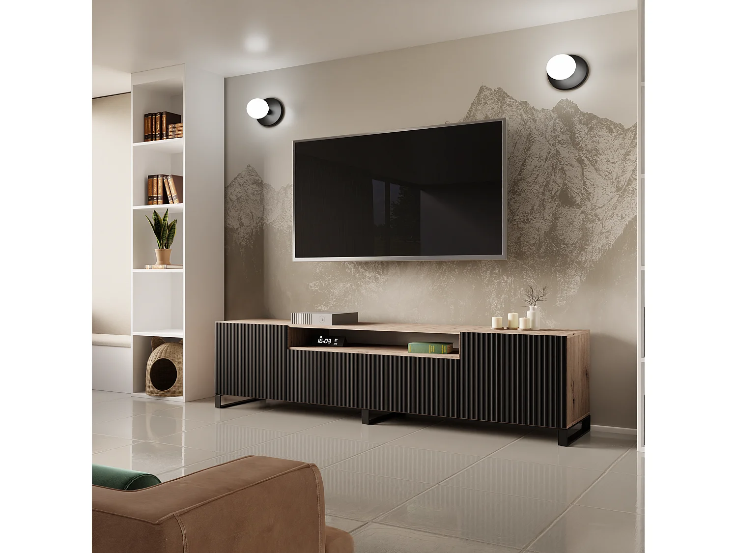 Meuble TV Neo III, lowboard, meuble haut, salon, meuble TV, télévision, buffet haut, meuble TV, lowboard TV, 200 cm, 3 portes, marron, noir