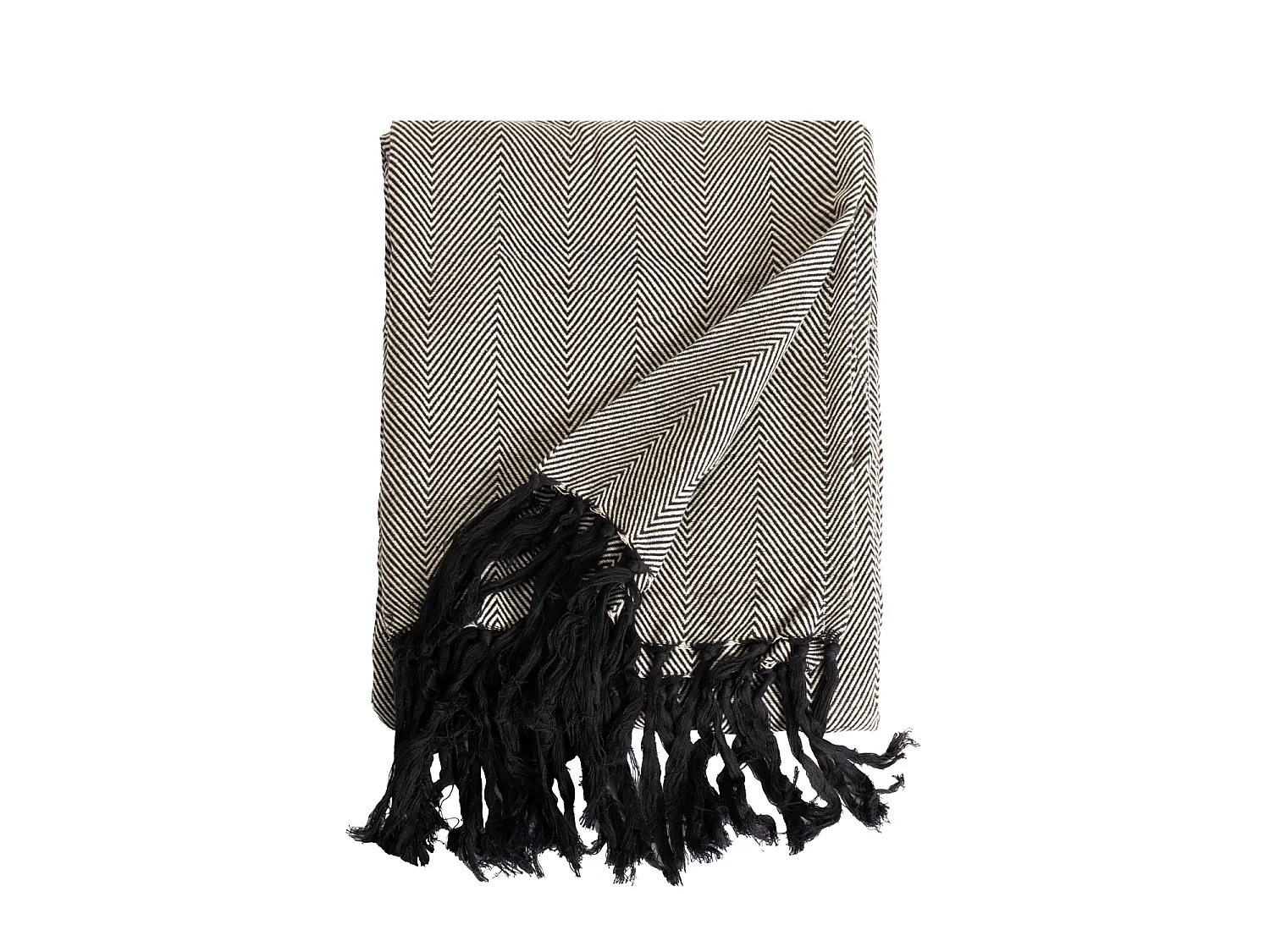 Couverture plaid 100% coton noire avec franges ZIGGY