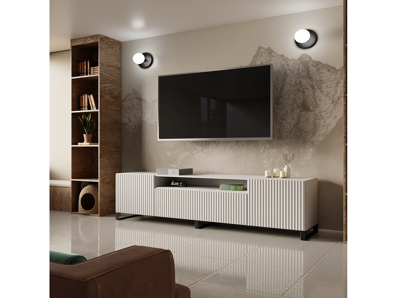 Meuble TV Neo III, meuble bas, meuble haut, salon, meuble TV, télévision, buffet haut, meuble TV, meuble TV bas, 200 cm, 3 portes, blanc