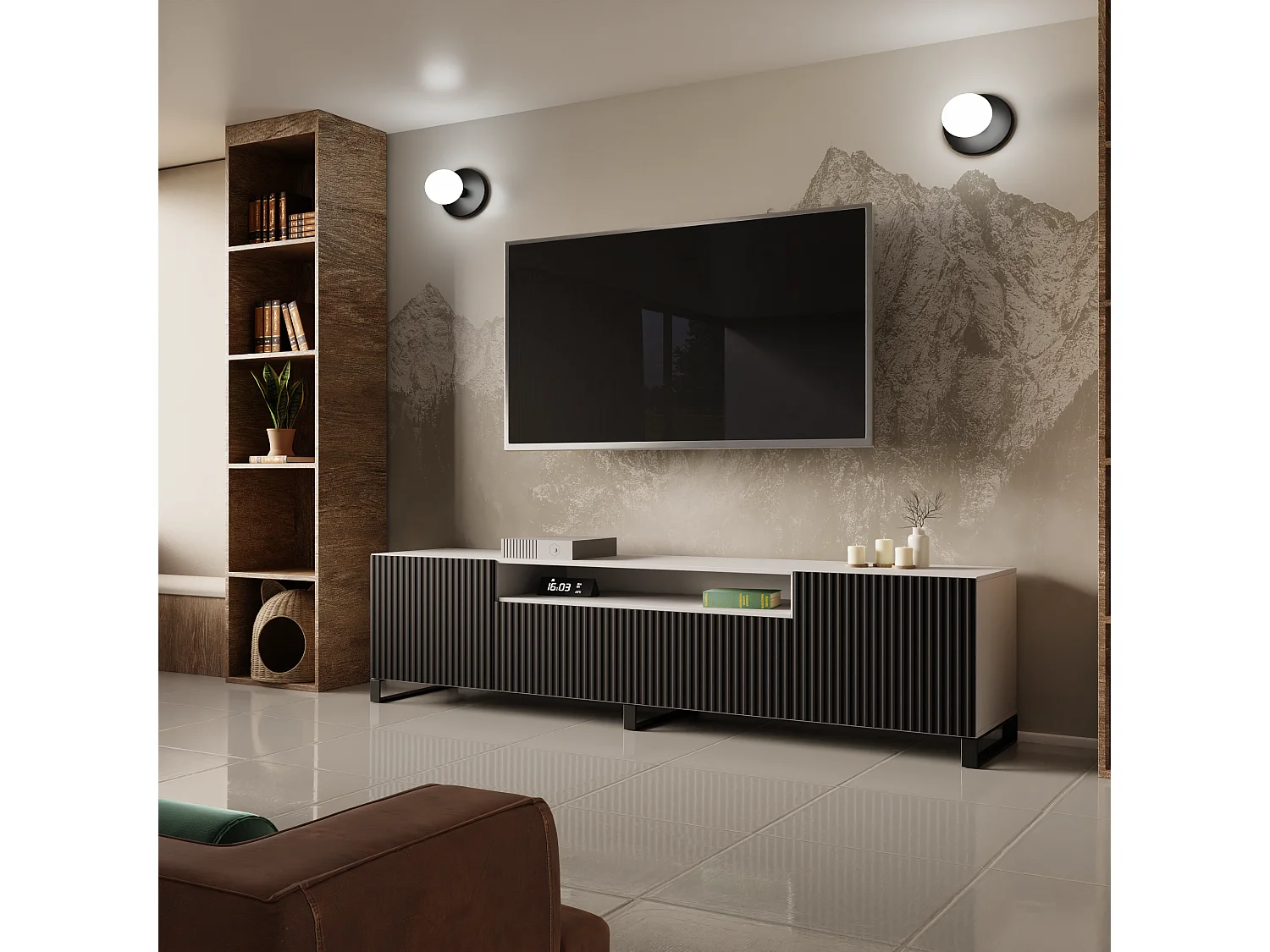 Meuble TV Neo III, lowboard, meuble haut, salon, meuble TV, télévision, buffet haut, meuble TV, lowboard TV, 200 cm, 3 portes, blanc, noir