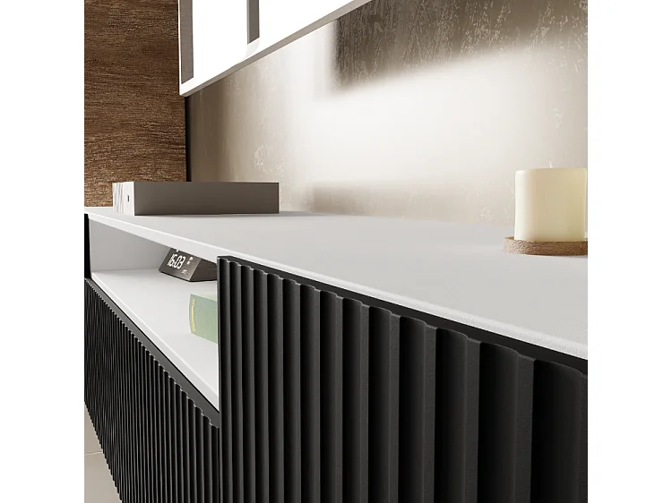 Meuble TV Neo III, lowboard, meuble haut, salon, meuble TV, télévision, buffet haut, meuble TV, lowboard TV, 200 cm, 3 portes, blanc, noir