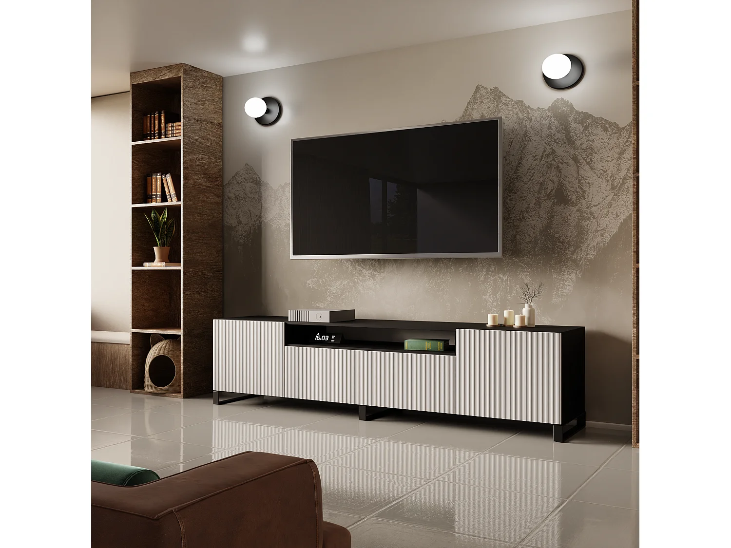 Meuble TV Neo III, meuble bas, meuble haut, salon, meuble TV, télévision, buffet haut, meuble TV, meuble TV bas, 200 cm, 3 portes, noir, blanc