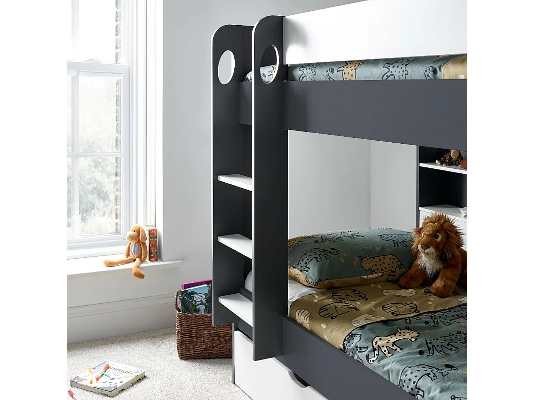 Oliver Grey and White Storage Bunk Bed With Drawer With Spring Mattresses