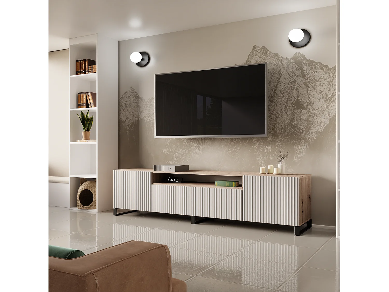 Meuble TV Neo III, meuble bas, meuble haut, salon, meuble TV, télévision, meuble TV, meuble TV bas, 200 cm, 3 portes, marron, blanc