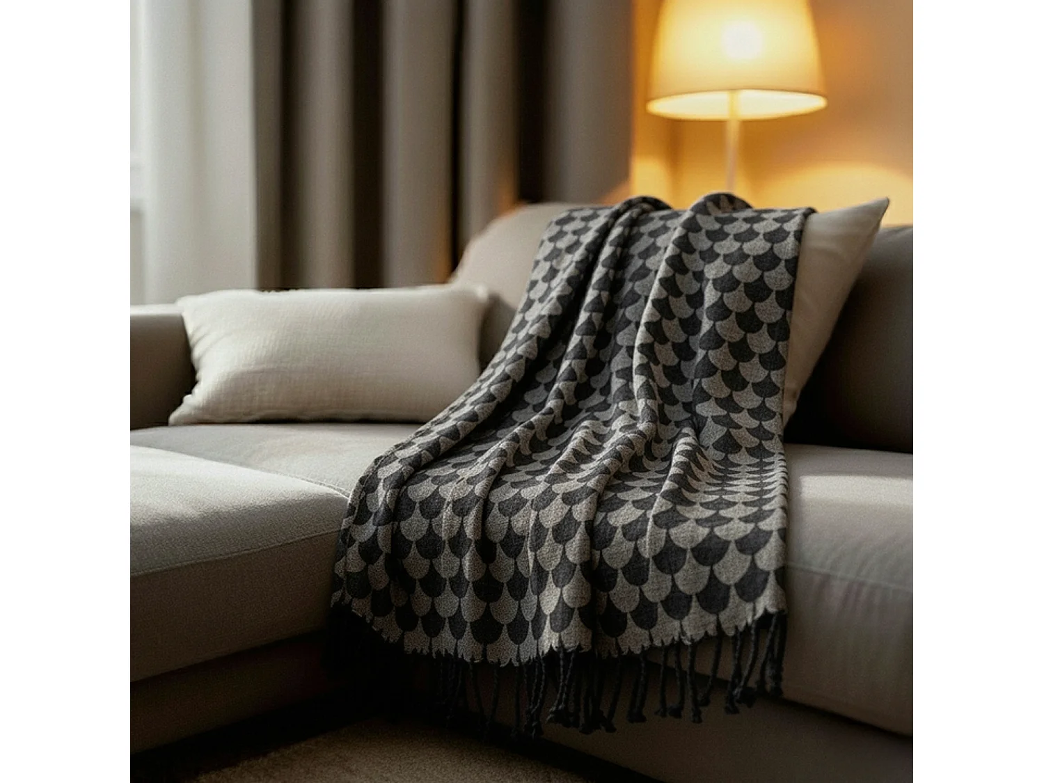Plaid en coton Noir et gris avec franges DROPALL - SACASA