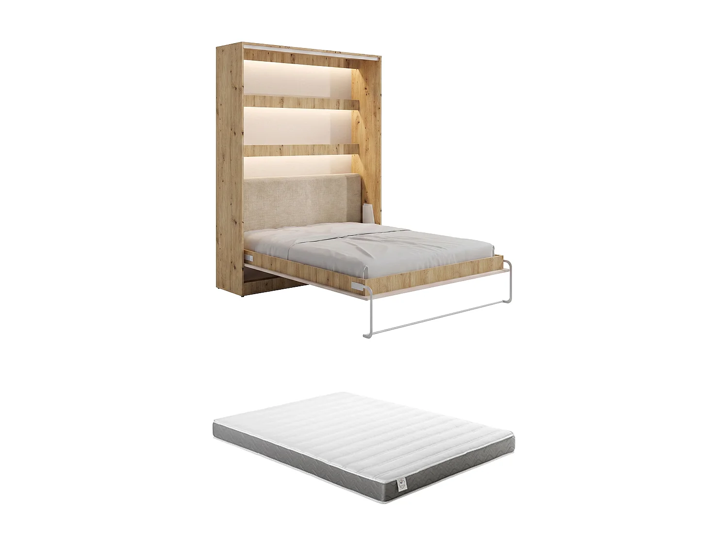 Lit escamotable 140 x 200 cm avec tête de lit en velours côtelé - Ouverture verticale manuelle - Avec LEDs - Beige et naturel + Matelas - RAPILI