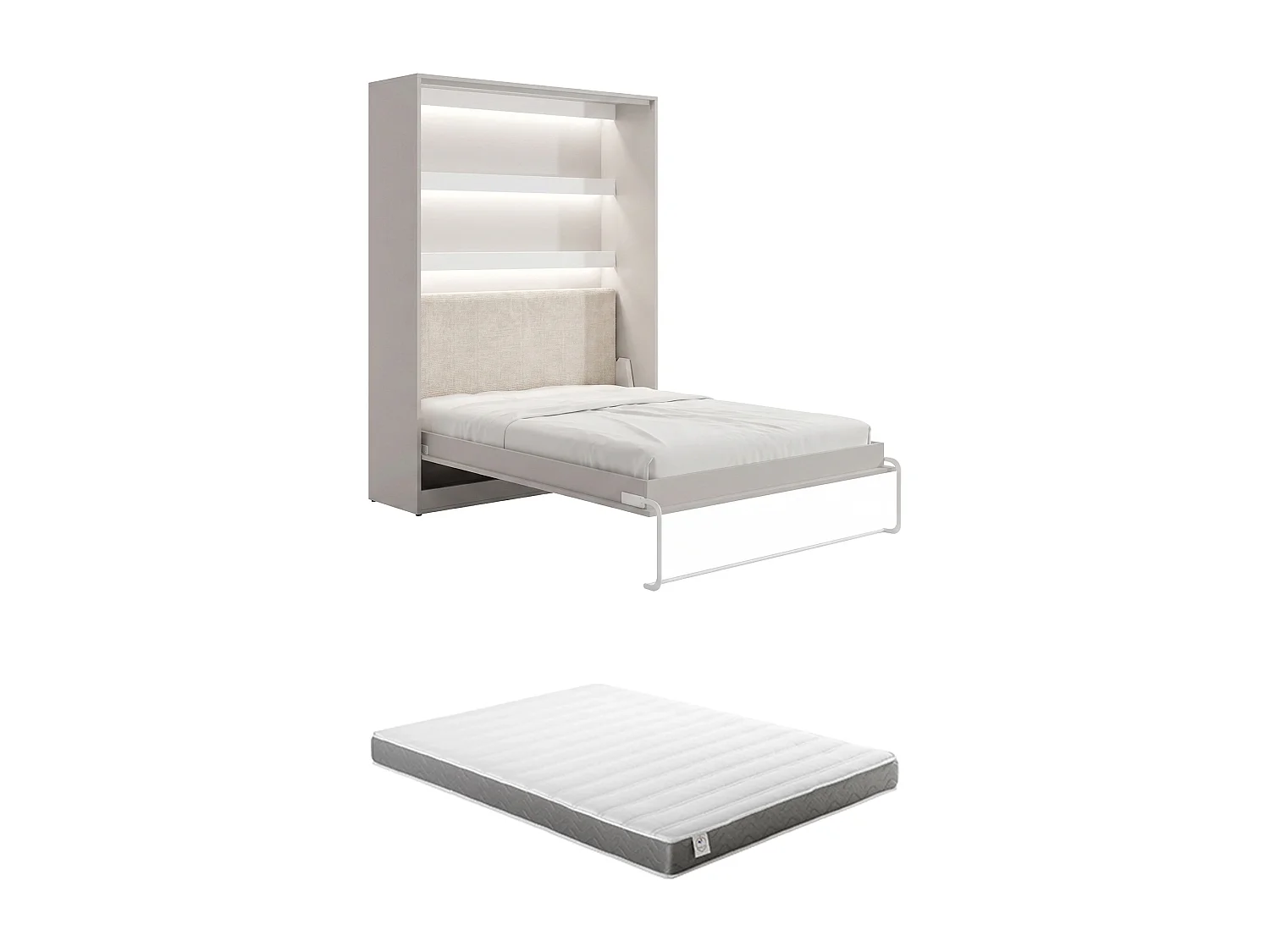 Lit escamotable 140 x 200 cm avec tête de lit en velours côtelé - Ouverture verticale manuelle - Avec LEDs - Beige + Matelas - RAPILI