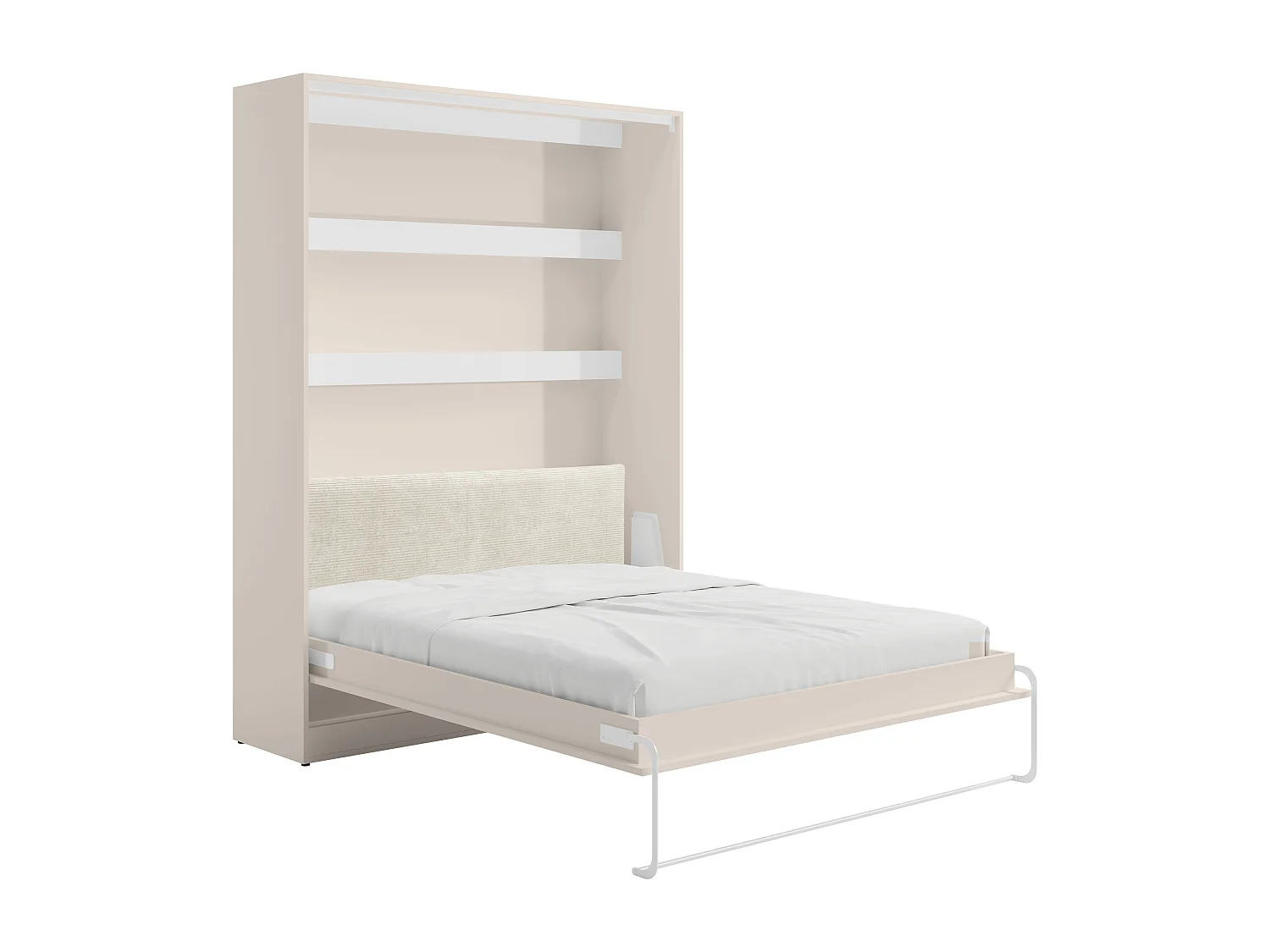 Lit escamotable 140 x 200 cm avec tête de lit en velours côtelé - Ouverture verticale manuelle - Avec LEDs - Beige + Matelas - RAPILI