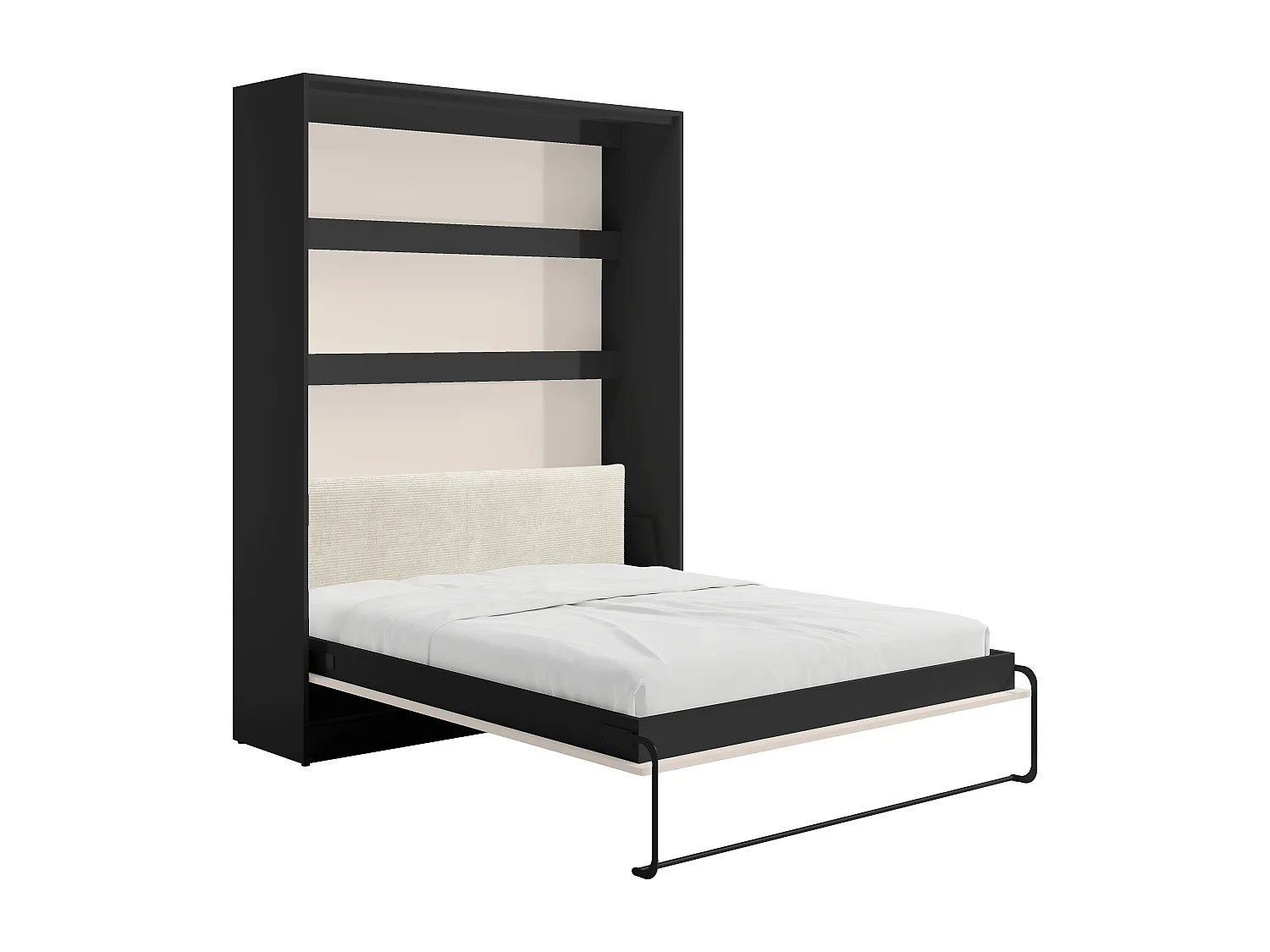 Lit escamotable 160 x 200 cm avec tête de lit en velours côtelé - Ouverture verticale manuelle - Avec LEDs - Noir et beige - RAPILI