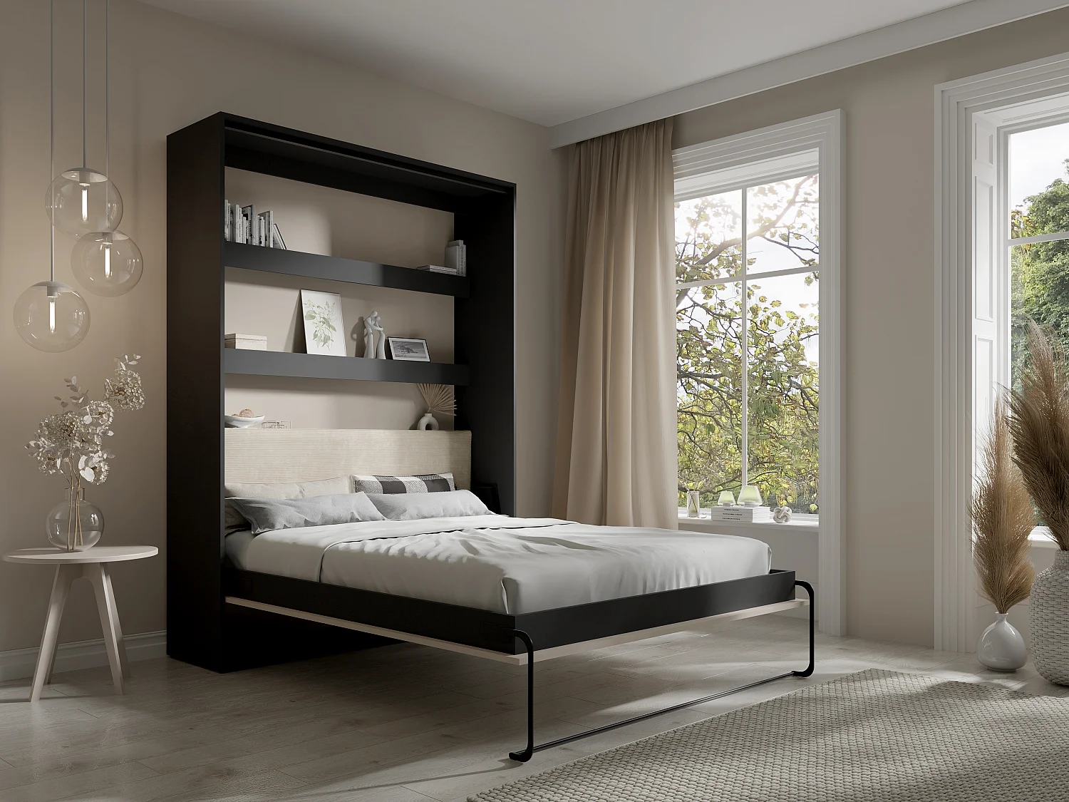 Lit escamotable 160 x 200 cm avec tête de lit en velours côtelé - Ouverture verticale manuelle - Avec LEDs - Noir et beige + Matelas - RAPILI