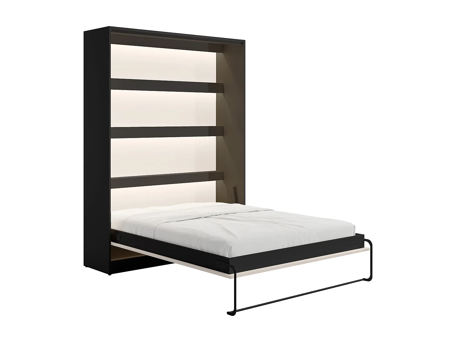 Lit escamotable 160 x 200 cm avec tête de lit en velours côtelé - Ouverture verticale manuelle - Avec LEDs - Noir et beige + Matelas - RAPILI