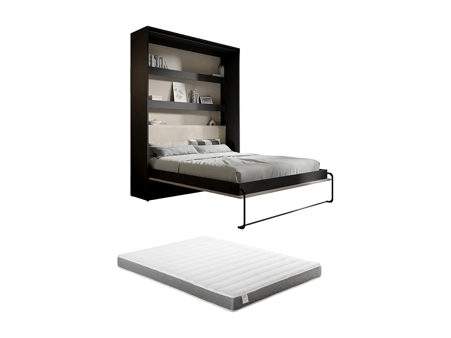 Lit escamotable 160 x 200 cm avec tête de lit en velours côtelé - Ouverture verticale manuelle - Avec LEDs - Noir et beige + Matelas - RAPILI