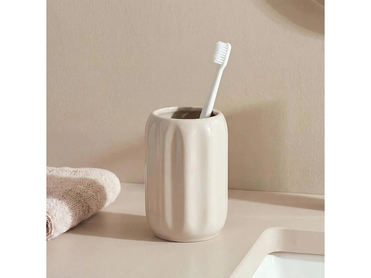Pot à Brosse à Dents en Grès "Suny Colorama" 12cm Beige Lin