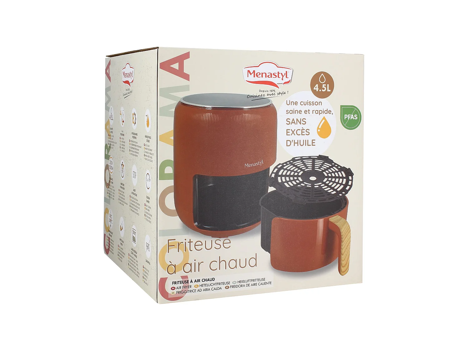 Menastyl - Friteuse à Air Chaud 4.5lcolorama Brique Avec Poignée Finition Bois