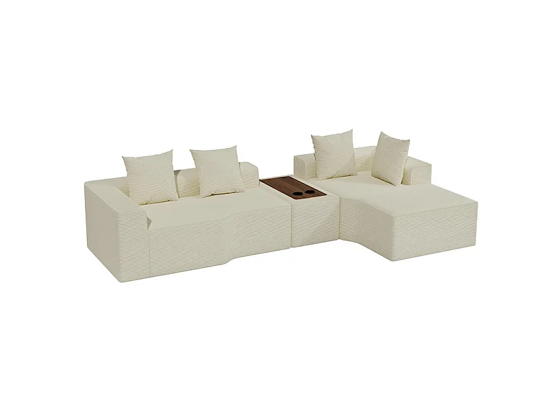 Canapé d'angle modulable en velours côtelé, avec droit méridienne, table basse et porte-gobelets, 320x152x59cm, Beige