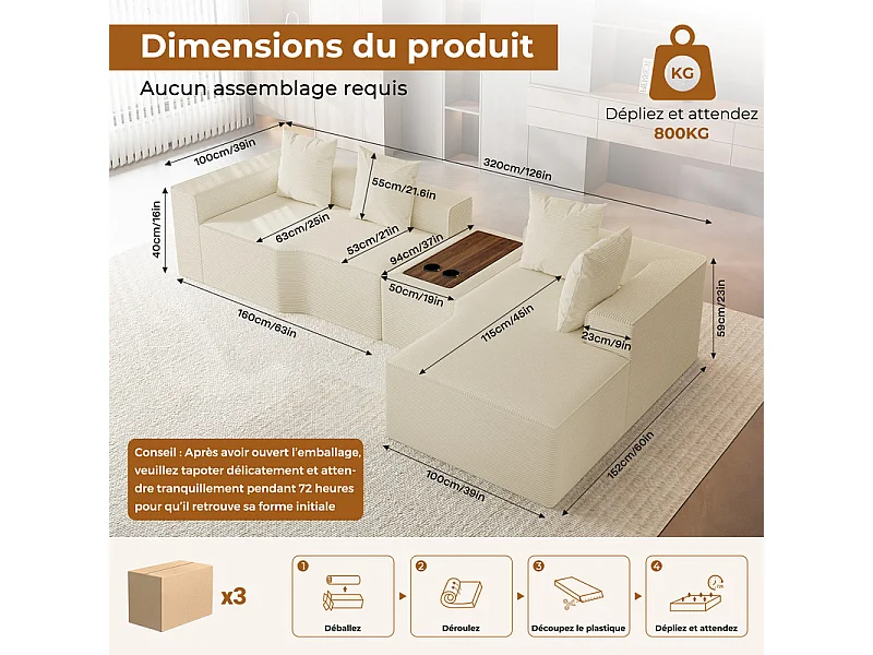 Canapé d'angle modulable en velours côtelé, avec droit méridienne, table basse et porte-gobelets, 320x152x59cm, Beige