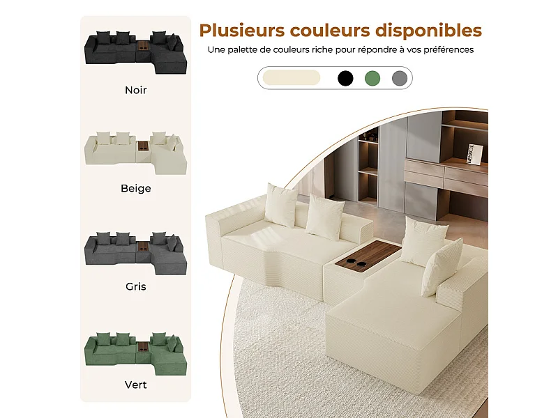 Canapé d'angle modulable en velours côtelé, avec droit méridienne, table basse et porte-gobelets, 320x152x59cm, Beige