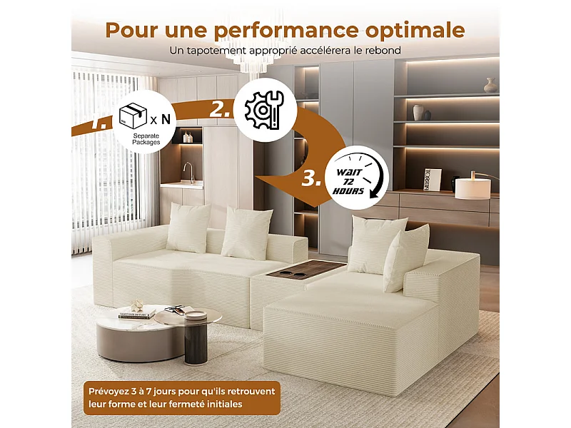 Canapé d'angle modulable en velours côtelé, avec droit méridienne, table basse et porte-gobelets, 320x152x59cm, Beige
