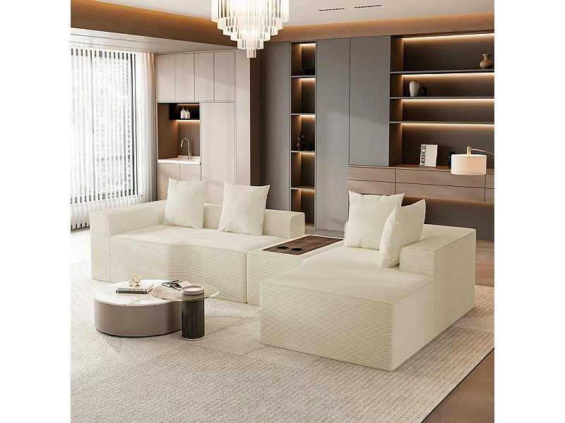 Canapé d'angle modulable en velours côtelé, avec droit méridienne, table basse et porte-gobelets, 320x152x59cm, Beige
