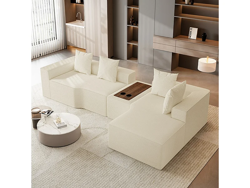 Canapé d'angle modulable en velours côtelé, avec droit méridienne, table basse et porte-gobelets, 320x152x59cm, Beige