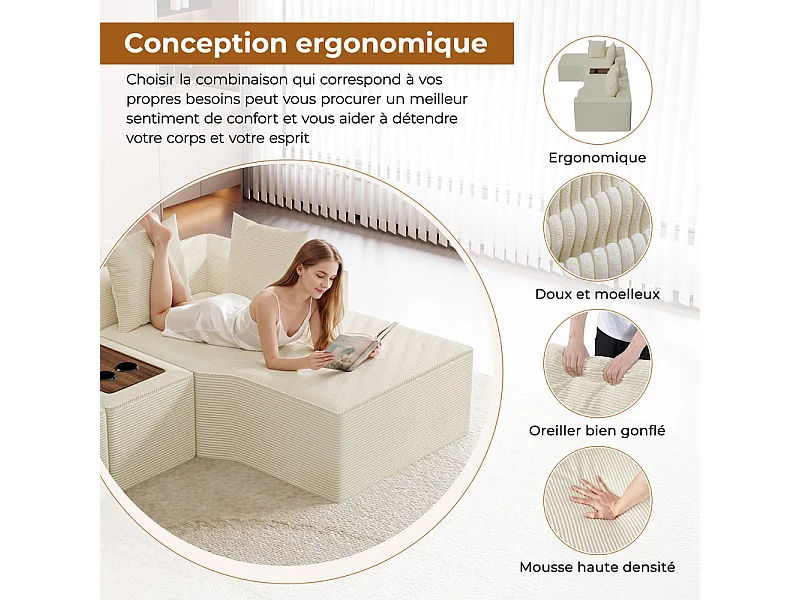 Canapé d'angle modulable en velours côtelé, avec droit méridienne, table basse et porte-gobelets, 320x152x59cm, Beige