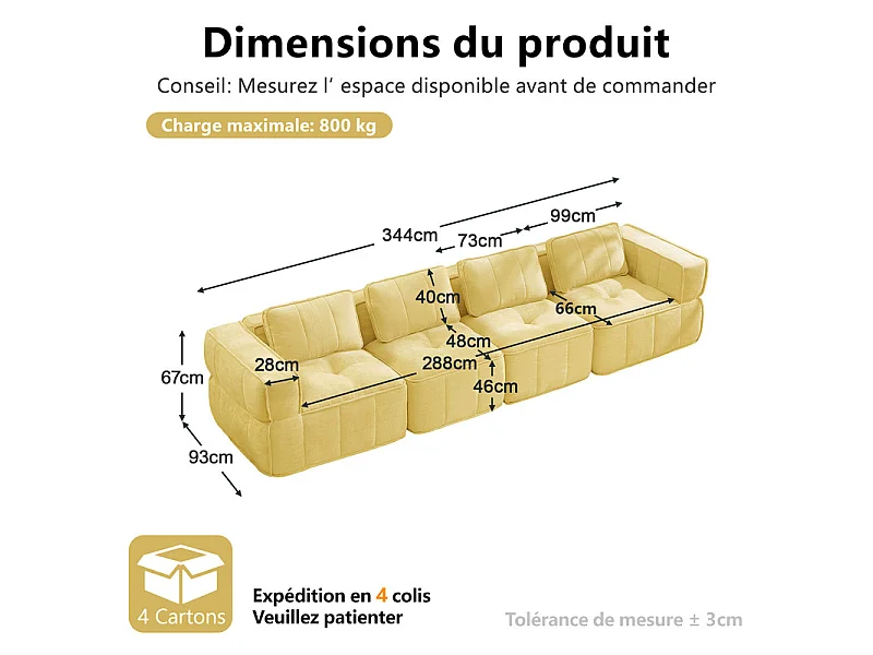 Canapé 4 places modulable en tissu jaune, avec base antidérapante et larges accoudoirs, 344x93x67cm