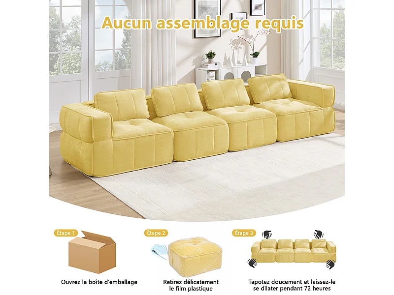 Canapé 4 places modulable en tissu jaune, avec base antidérapante et larges accoudoirs, 344x93x67cm