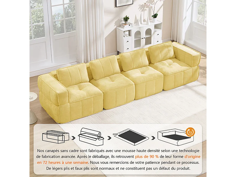 Canapé 4 places modulable en tissu jaune, avec base antidérapante et larges accoudoirs, 344x93x67cm