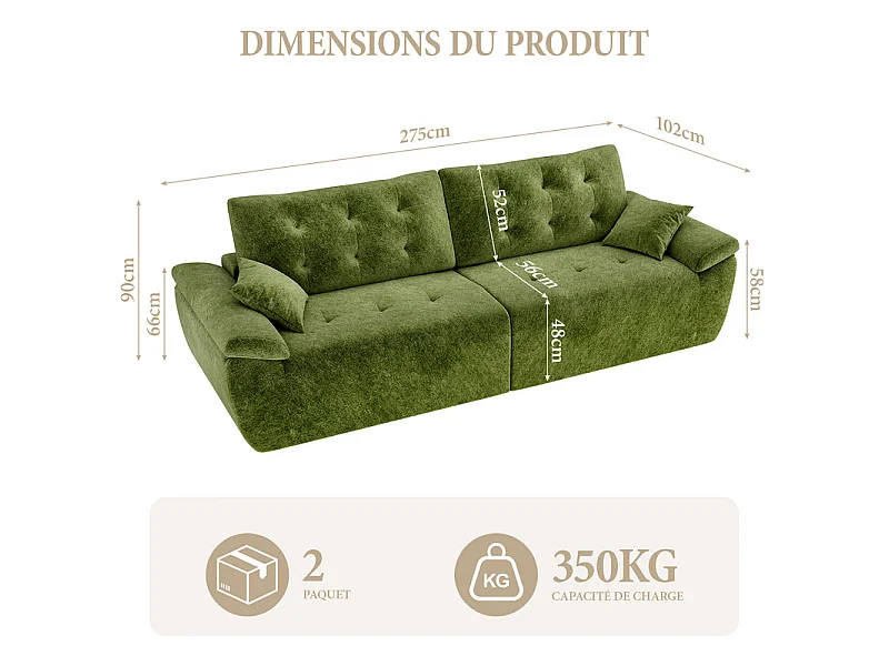 Canapé modulable en tissu chenille, 3/4 places, avec 2 oreillers, 275x102x90cm, Vert