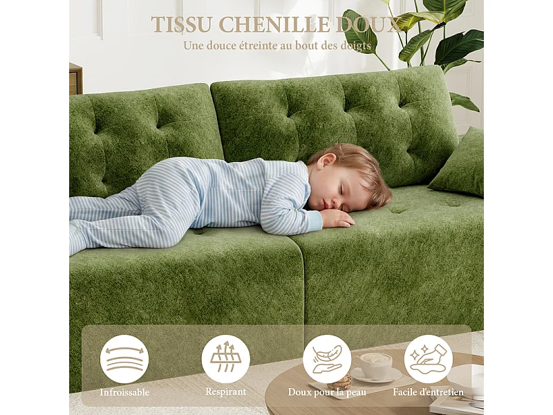 Canapé modulable en tissu chenille, 3/4 places, avec 2 oreillers, 275x102x90cm, Vert