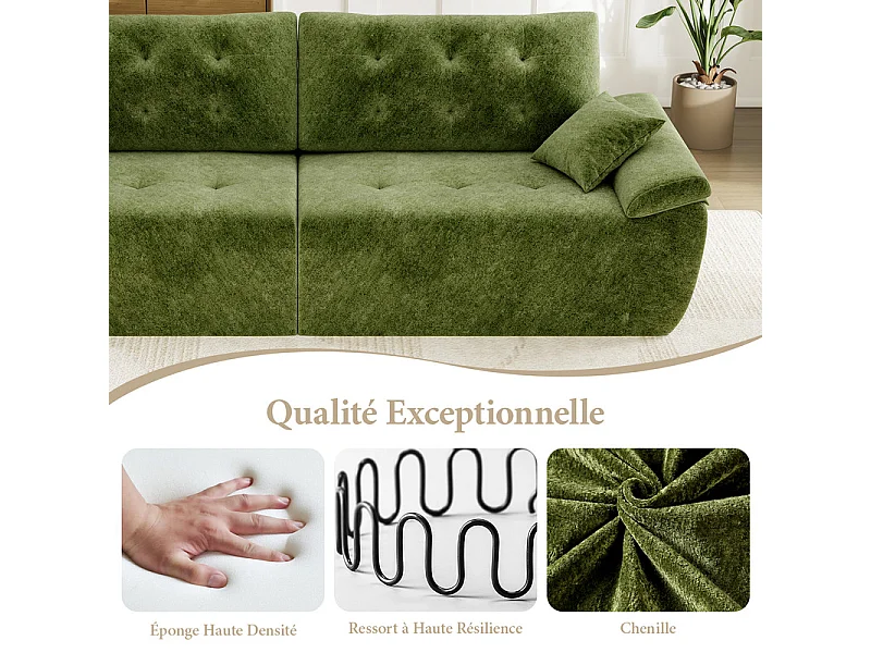 Canapé modulable en tissu chenille, 3/4 places, avec 2 oreillers, 275x102x90cm, Vert