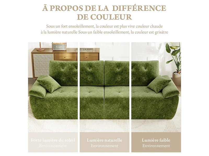Canapé modulable en tissu chenille, 3/4 places, avec 2 oreillers, 275x102x90cm, Vert