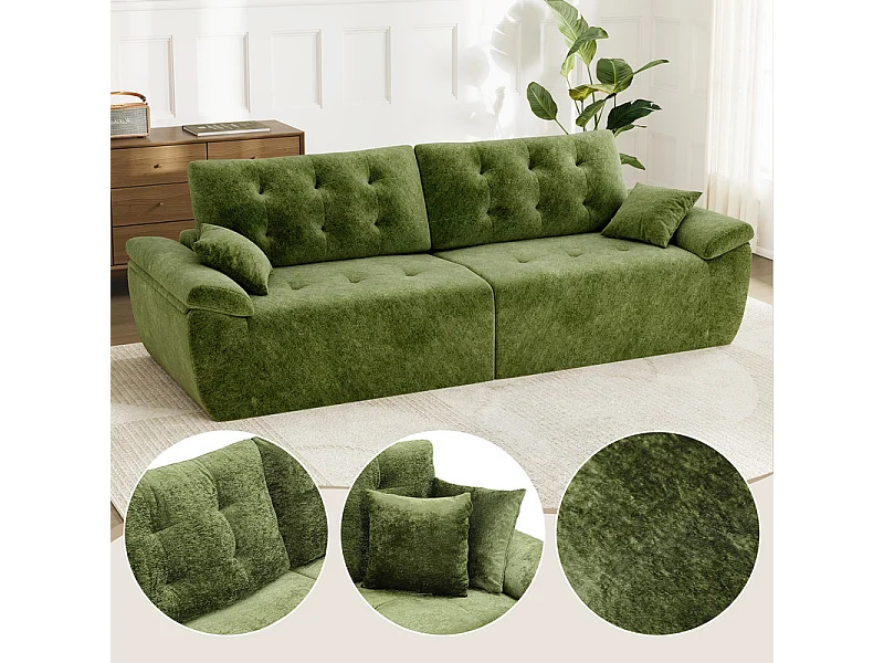 Canapé modulable en tissu chenille, 3/4 places, avec 2 oreillers, 275x102x90cm, Vert