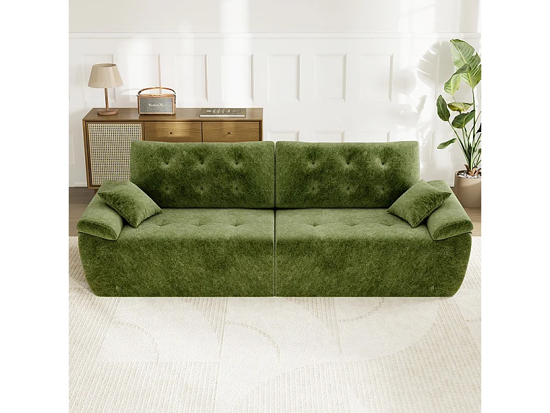 Canapé modulable en tissu chenille, 3/4 places, avec 2 oreillers, 275x102x90cm, Vert