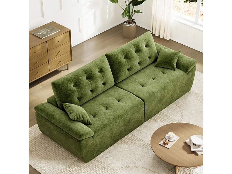 Canapé modulable en tissu chenille, 3/4 places, avec 2 oreillers, 275x102x90cm, Vert
