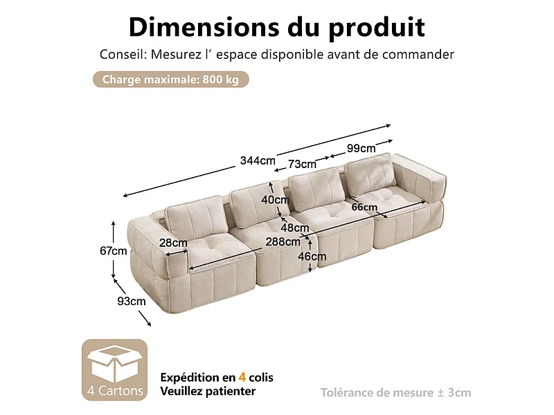 Sofá 4 plazas modular en tela beige, con base antideslizante y amplios reposabrazos, 344x93x67cm
