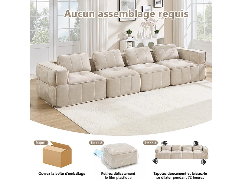 Sofá 4 plazas modular en tela beige, con base antideslizante y amplios reposabrazos, 344x93x67cm