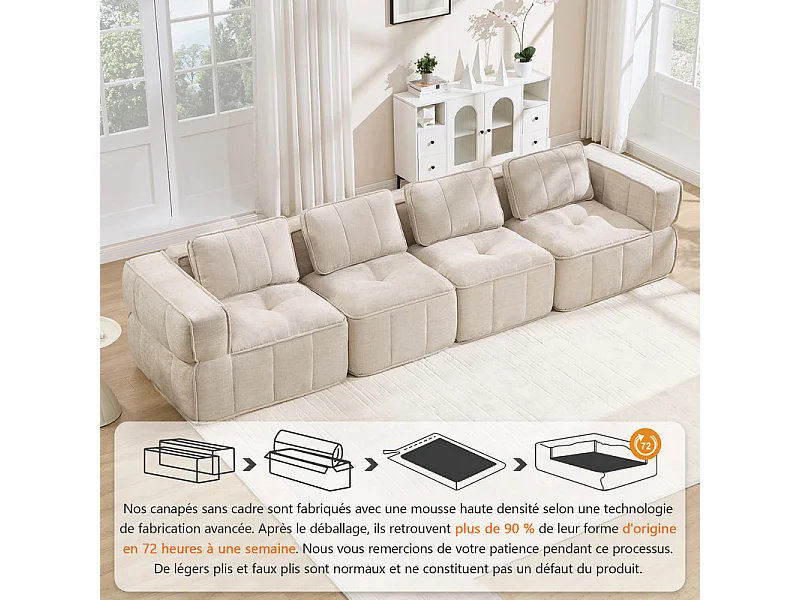 Sofá 4 plazas modular en tela beige, con base antideslizante y amplios reposabrazos, 344x93x67cm