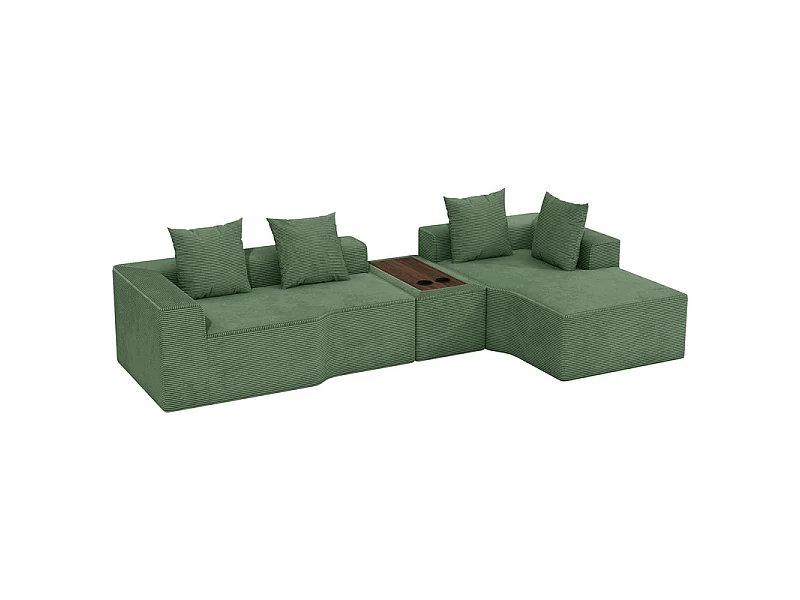Canapé d'angle modulable en velours côtelé, avec droit méridienne, table basse et porte-gobelets, 320x152x59cm, Vert