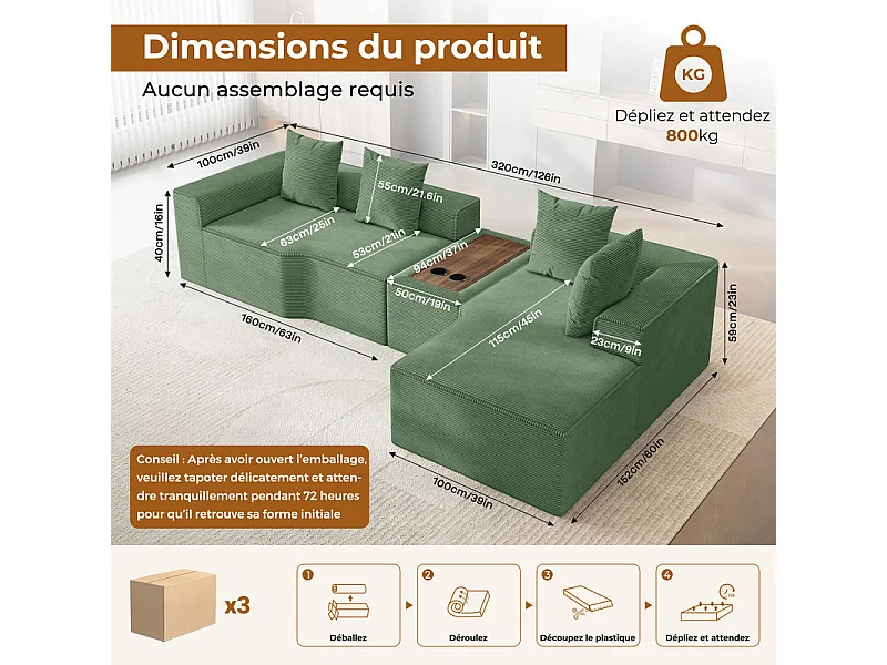 Canapé d'angle modulable en velours côtelé, avec droit méridienne, table basse et porte-gobelets, 320x152x59cm, Vert