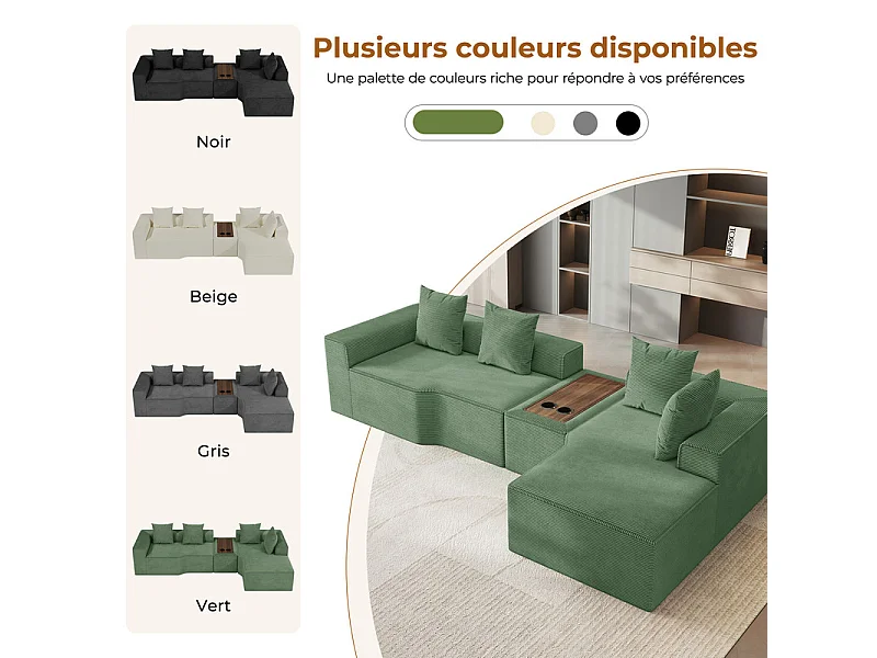Canapé d'angle modulable en velours côtelé, avec droit méridienne, table basse et porte-gobelets, 320x152x59cm, Vert
