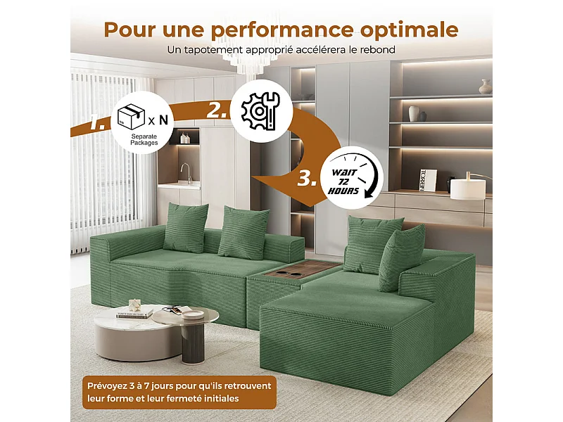 Canapé d'angle modulable en velours côtelé, avec droit méridienne, table basse et porte-gobelets, 320x152x59cm, Vert