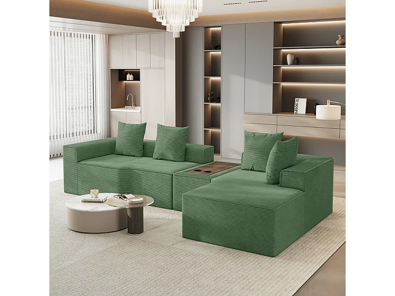 Canapé d'angle modulable en velours côtelé, avec droit méridienne, table basse et porte-gobelets, 320x152x59cm, Vert