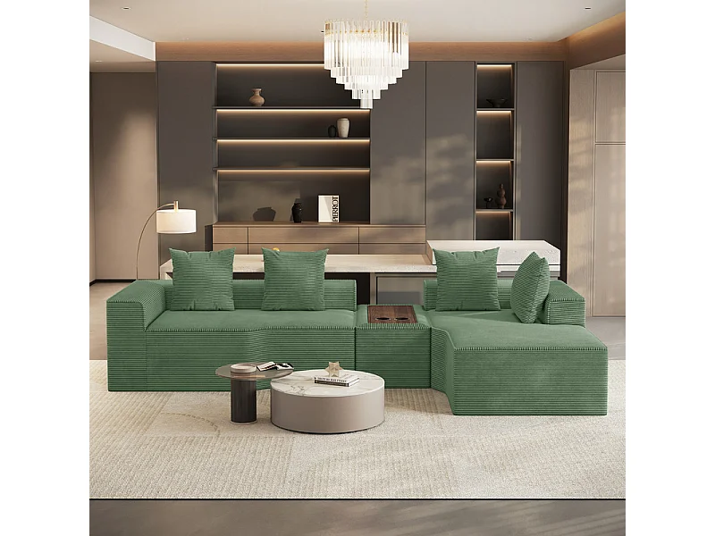 Canapé d'angle modulable en velours côtelé, avec droit méridienne, table basse et porte-gobelets, 320x152x59cm, Vert