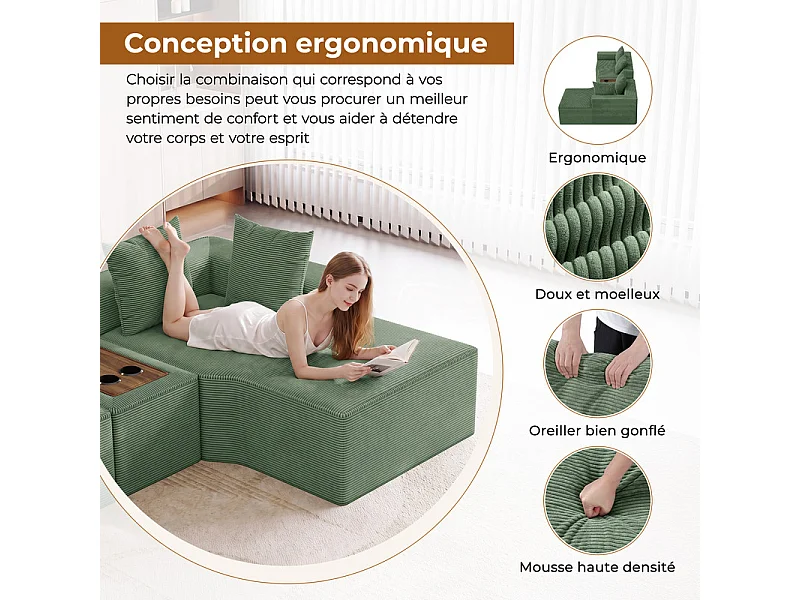 Canapé d'angle modulable en velours côtelé, avec droit méridienne, table basse et porte-gobelets, 320x152x59cm, Vert