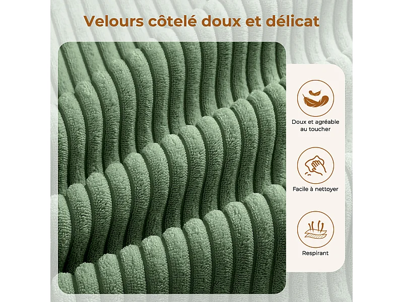 Canapé d'angle modulable en velours côtelé, avec droit méridienne, table basse et porte-gobelets, 320x152x59cm, Vert
